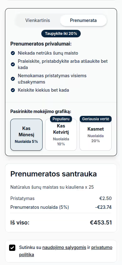 Garrdu krepšelis su vienkartinio pirkimo ir prenumeratos perjungimu