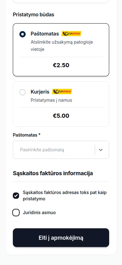 LP Express paštomatų pasirinkimo modalas su miestų grupavimu