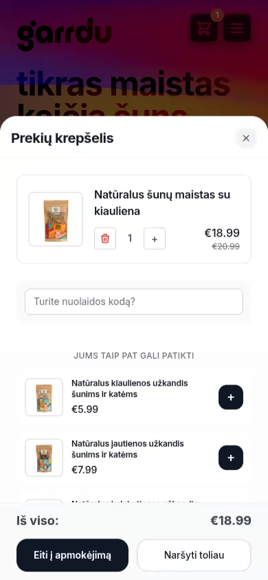 Garrdu pagrindinis puslapis su atvertu krepšeliu