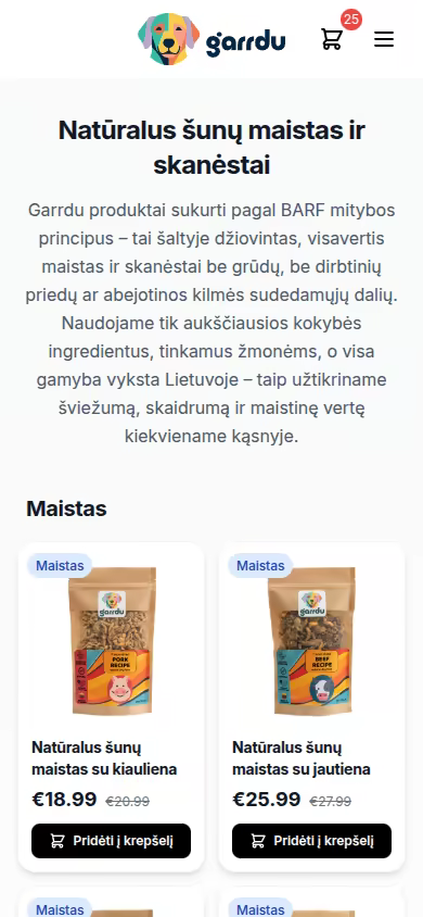 Garrdu produktų sąrašas mobiliame įrenginyje
