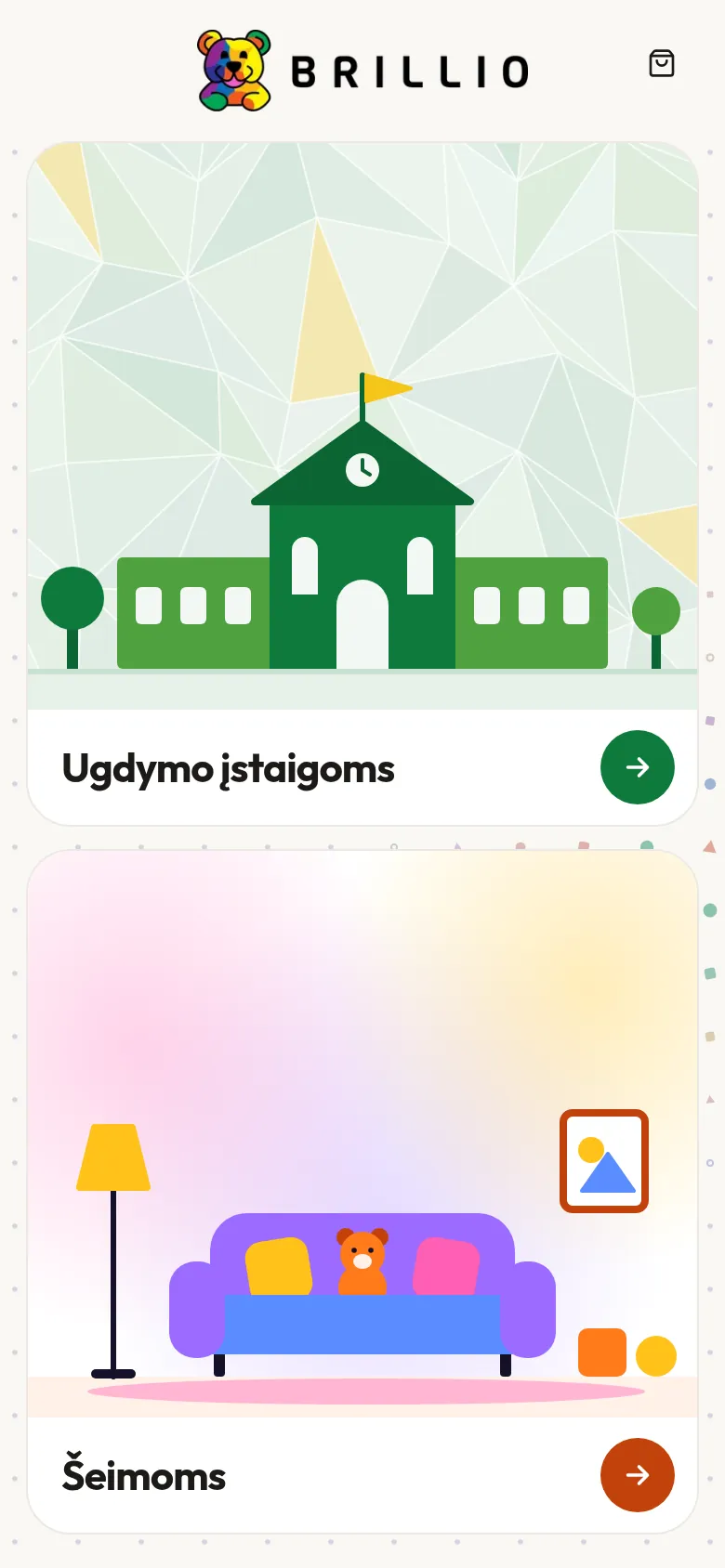 Brillio pradinis puslapis telefone: dvi kortelės – ugdymo įstaigoms ir šeimoms