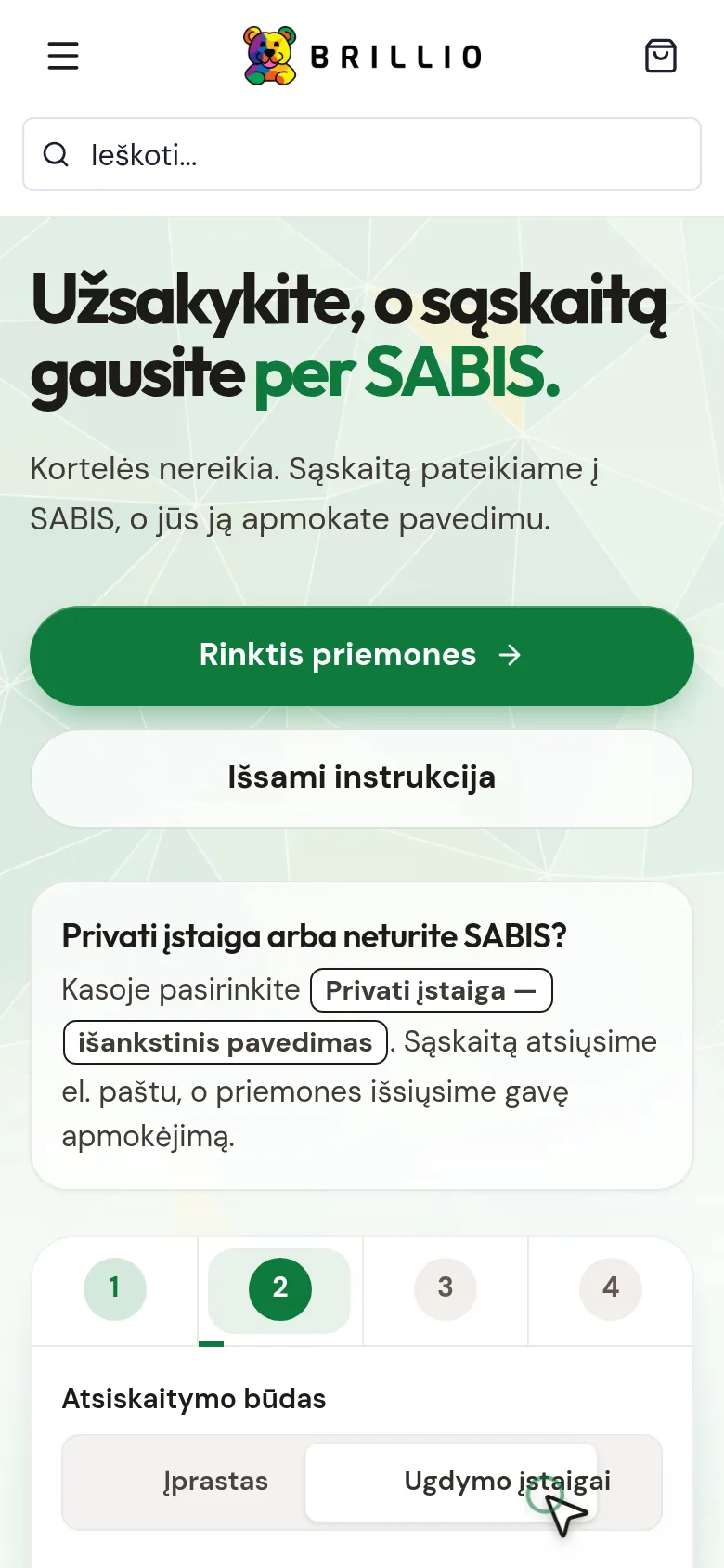 Brillio puslapis ugdymo įstaigoms su užsakymo per SABIS žingsniais telefone