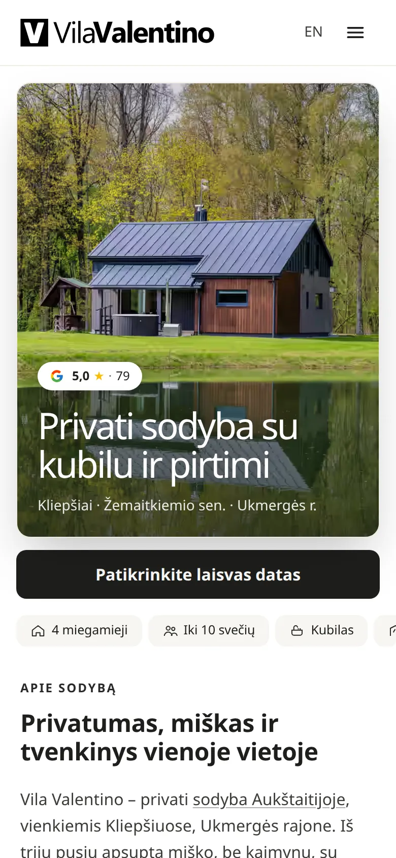 Vila Valentino pagrindinis puslapis telefone