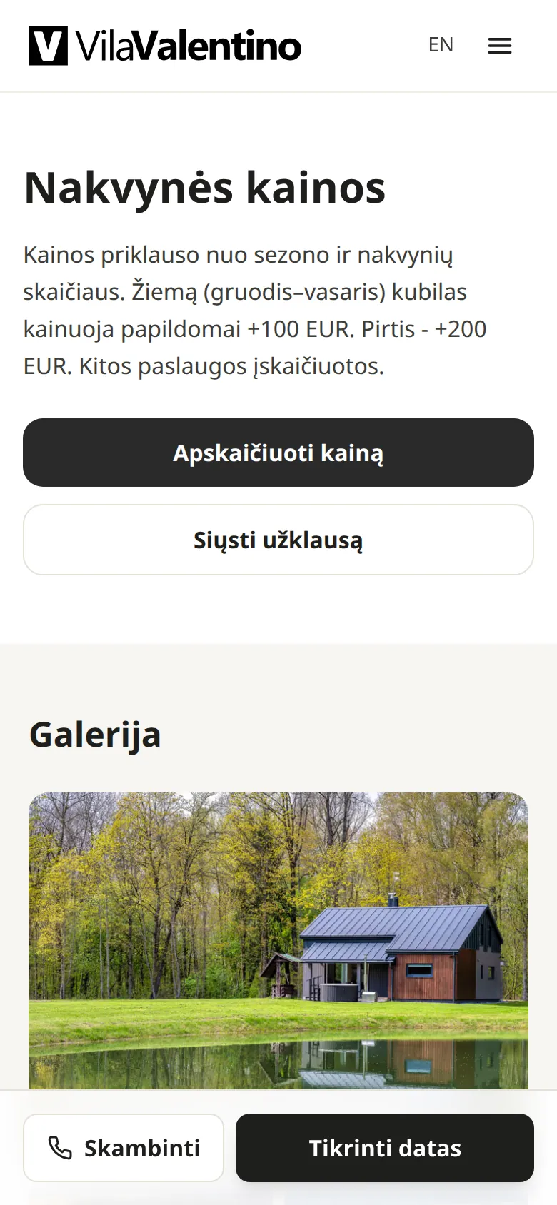 Vila Valentino kainų puslapis telefone