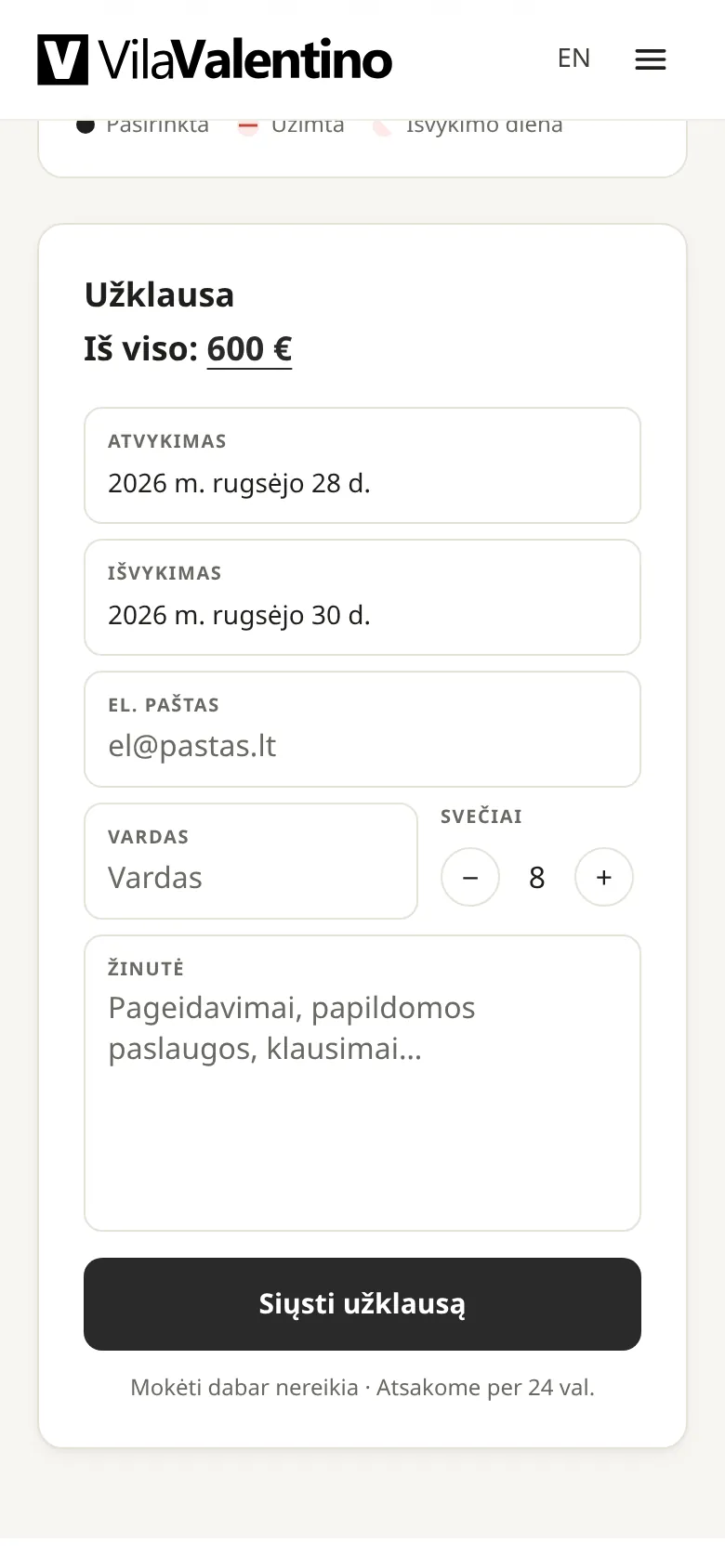 Pasirinktoms datoms apskaičiuota kaina telefone